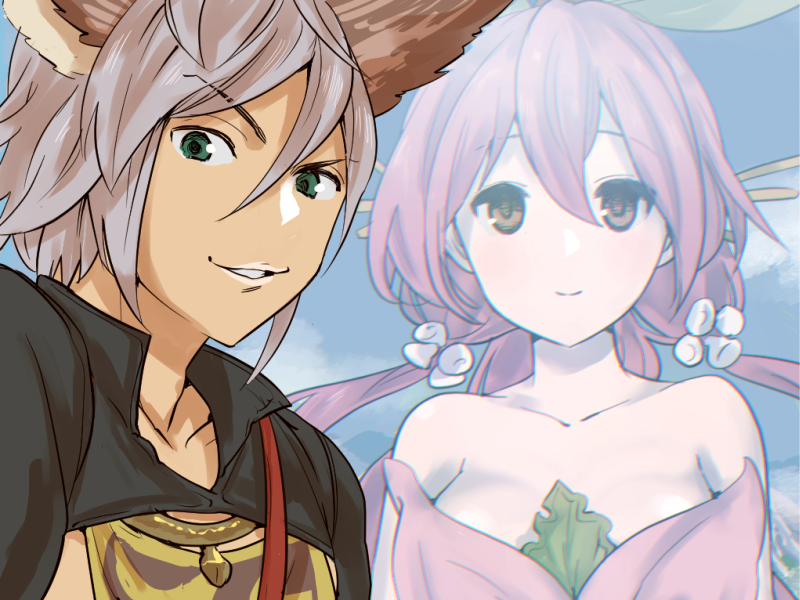 1boy, 1girl, animal_ears, blurry, brown_eyes, clouds, cloudy_sky, colored