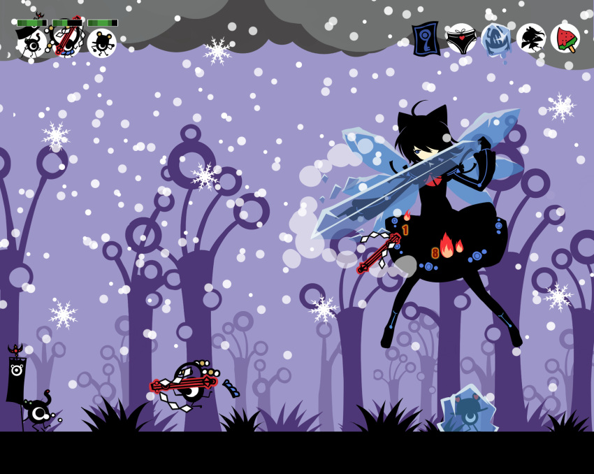 battle, cirno, fake_screenshot, frozen, highres, ice, ideolo, kochiya_sanae