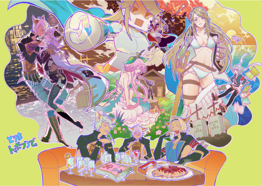 bikini, catalina_(granblue_fantasy), couch, elsam_(granblue_fantasy), farrah_(granblue_fantasy), food, freesia_von_bismarck, giantess, granblue_fantasy, highres, imagining, jun_(nad-j), lowain_(granblue_fantasy), mechanization, plant_girl, squid, swimsuit, table, tears, tombstone, tomoi_(granblue_fantasy), vira, yggdrasill_(granblue_fantasy)