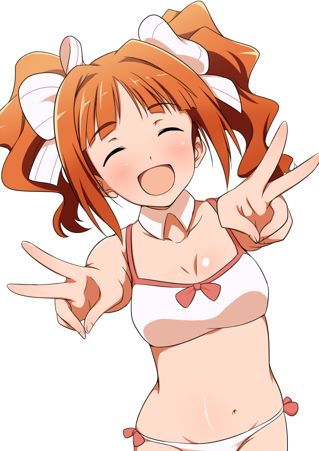 1girl, bikini, bow, brown_hair, closed_eyes, detached_collar, double_v, hair_bow