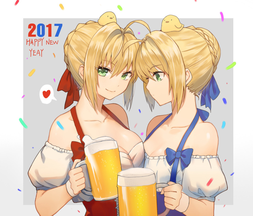 2017, 2girls, ahoge, alcohol, animal, animal_on_head, asymmetrical_docking, bare_shoulders
