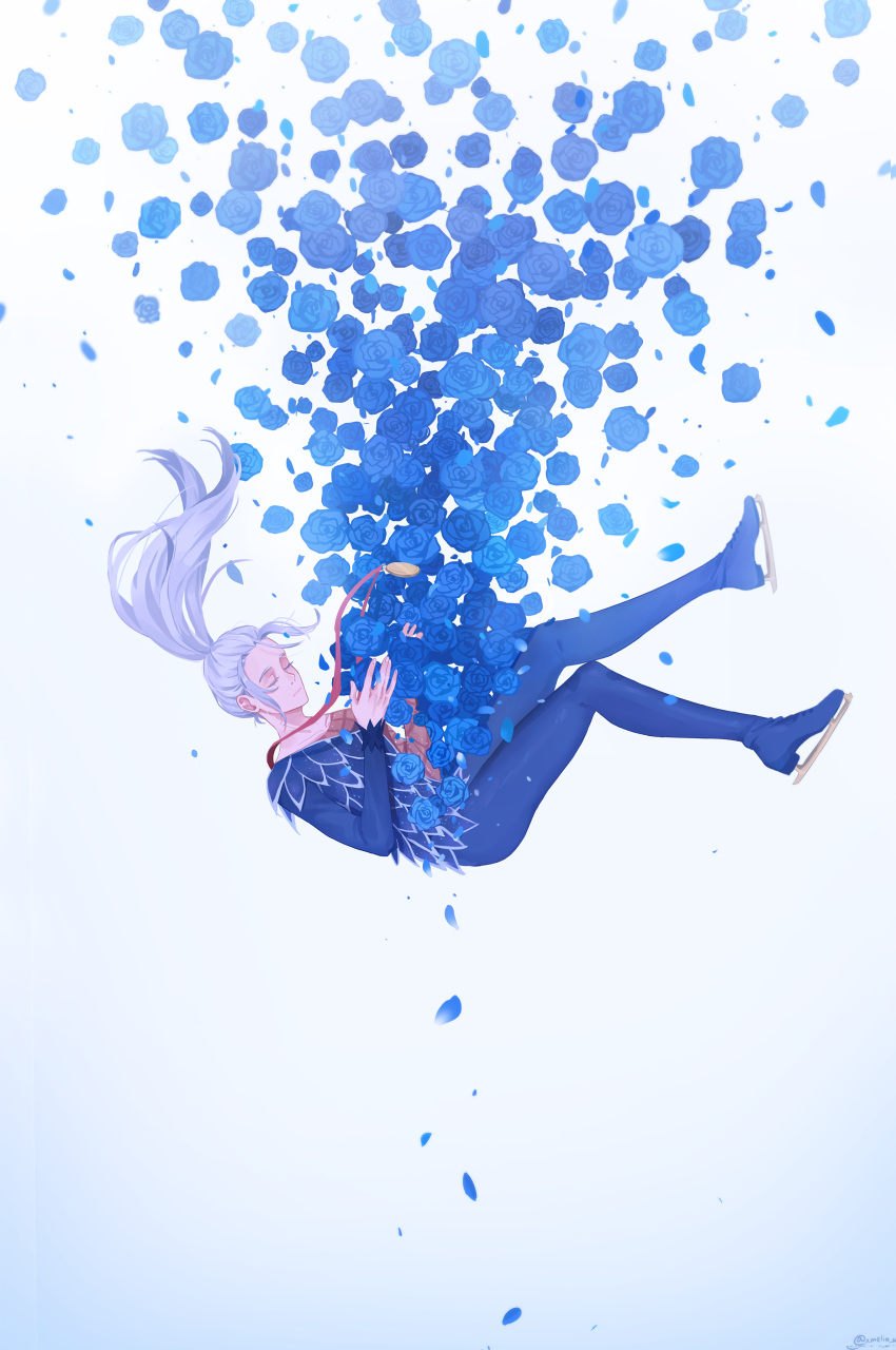 1boy, absurdres, ameli-ya, blue_rose, bodysuit, closed_eyes, falling, flower