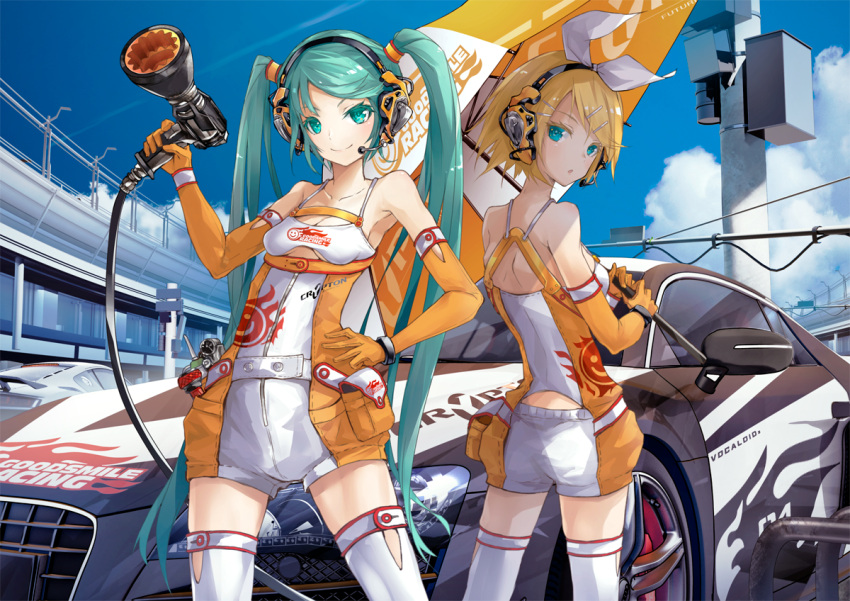2girls, ajigo, aqua_eyes, aqua_hair, arm_up, bangs, blonde_hair, blue_sky, breasts, car, closed_mouth, clouds, colored_eyelashes, condensation_trail, contrapposto, elbow_gloves, from_behind, gloves, goodsmile_company, goodsmile_racing, ground_vehicle, hair_ornament, hairclip, hand_on_hip, hatsune_miku, headphones, headset, holding, holding_umbrella, kagamine_rin, long_hair, looking_at_viewer, mechanic, microphone, motor_vehicle, multiple_girls, orange_gloves, outdoors, parted_lips, pouch, power_tool, racecar, racequeen, racetrack, short_hair, short_shorts, shorts, sky, sleeveless, small_breasts, smile, spaghetti_strap, standing, swept_bangs, thigh-highs, twintails, umbrella, very_long_hair, vocaloid, white_legwear, white_shorts