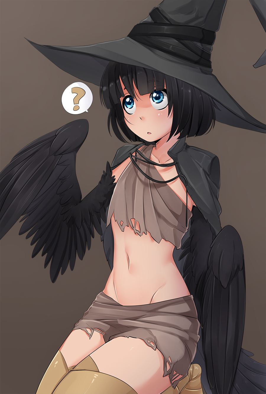 1girl, ?, bangs, black_hair, black_wings, blue_eyes, blunt_bangs, brown_background