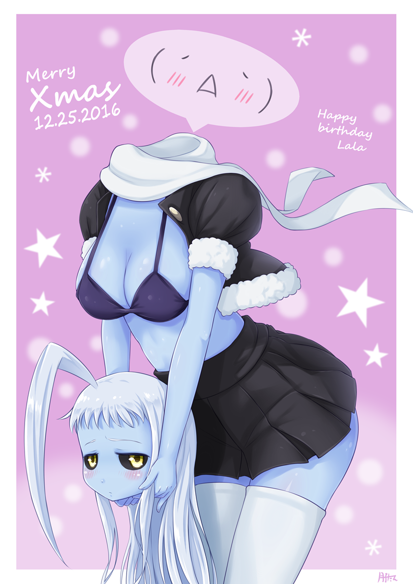 1girl, 2016, ahoge, bikini_top, black_jacket, black_sclera, black_skirt, blue_skin