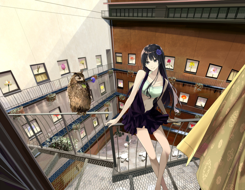 1girl, balcony, bird, black_eyes, black_hair, chef_no_kimagure_salad, commentary_request, curtains, dress, long_hair, navel, original, owl, smile, solo, window