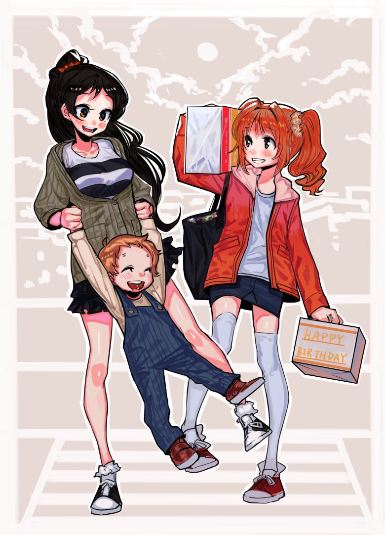 1boy, 2girls, alternate_hairstyle, bag, black_hair, blush, brother_and_sister, brown_eyes, bukimi_isan, carrying_over_shoulder, closed_eyes, commentary, denim, denim_skirt, green_eyes, hair_up, happy_birthday, high_ponytail, idolmaster, idolmaster_million_live!, jacket, kitazawa_shiho, lifting_person, long_hair, multiple_girls, open_mouth, orange_hair, overalls, pastry_box, shirt, shoes, short_hair, shoulder_bag, siblings, skirt, smile, sneakers, striped, striped_shirt, sweater_jacket, takatsuki_kouji, takatsuki_yayoi, thigh-highs, twintails, zettai_ryouiki
