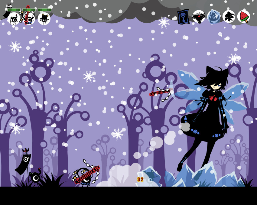 battle, cirno, fake_screenshot, frozen, highres, ice, ideolo, kochiya_sanae