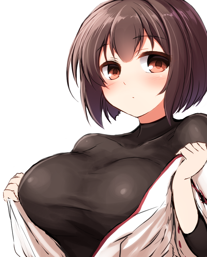 1girl, black_shirt, blush, breasts, brown_eyes, brown_hair, don_(29219), expressionless