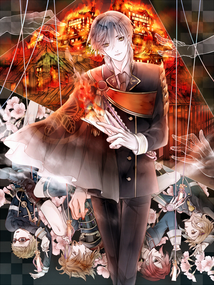 5boys, aqua_hair, armor, black_gloves, blonde_hair, blue_eyes, brown_eyes, brown_hair, cape, castle, cherry_blossoms, fire, glasses, gloves, gotou_toushirou, green_eyes, hakata_toushirou, hands, houchou_toushirou, ichigo_hitofuri, japanese_armor, male_focus, military, military_uniform, multiple_boys, necktie, nijou_akira, red-framed_eyewear, redhead, shinano_toushirou, shorts, smile, sode, touken_ranbu, uniform, upside-down, white_gloves, yellow_eyes
