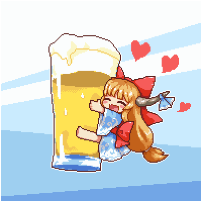1girl, :d, ^_^, alcohol, beer, blue_background, blue_bow, blue_kimono