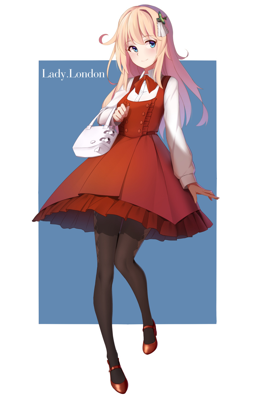 1girl, absurdres, airplane_hair_ornament, arnold-s, bag, black_legwear, blonde_hair, blue_background, blue_eyes, bow, bowtie, buttons, character_name, collared_shirt, commentary_request, dress, full_body, hair_ornament, handbag, high_heels, highres, london_(zhan_jian_shao_nyu), long_hair, long_sleeves, looking_to_the_side, pantyhose, red_bow, red_bowtie, red_dress, red_shoes, shirt, shoes, solo, white_shirt, zhan_jian_shao_nyu