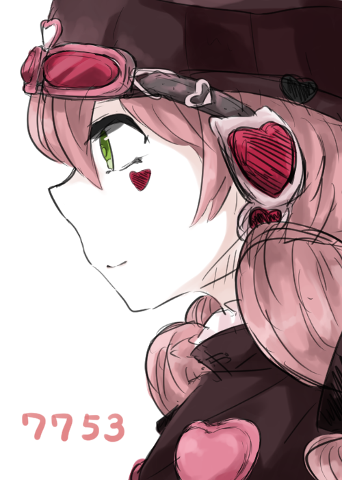 1girl, 7753, berikomu, character_name, face, goggles, goggles_on_head, green_eyes, hat, heart, light_smile, mahou_shoujo_ikusei_keikaku, mahou_shoujo_ikusei_keikaku_limited, pink_hair, profile, solo
