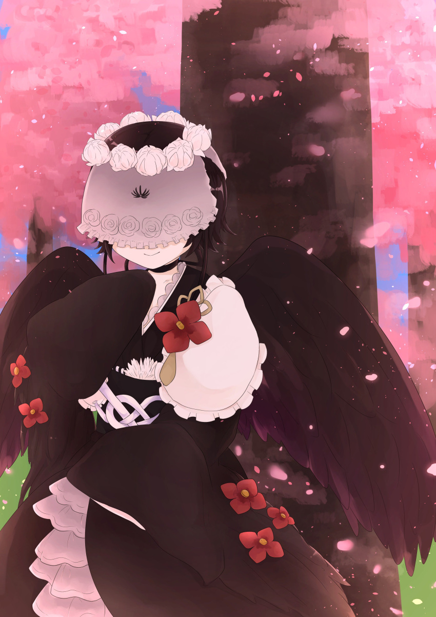 1girl, absurdres, berikomu, black_hair, black_wings, cherry_blossoms, highres, japanese_clothes