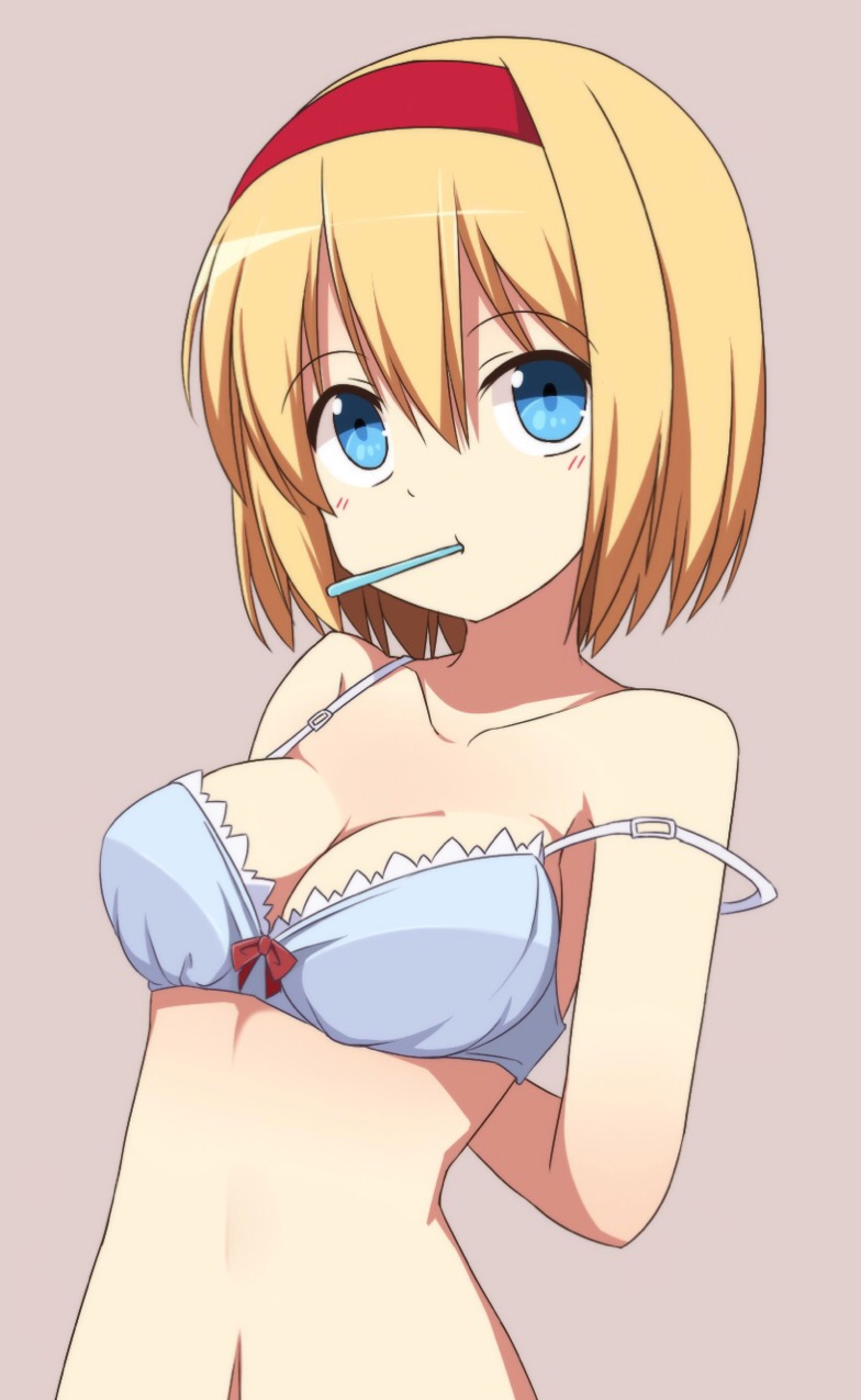 1girl, alice_margatroid, blonde_hair, blue_eyes, bow, bra, breasts, cleavage, collarbone, commentary_request, enushi_(toho193), frilled_bra, frilled_underwear, frills, hair_between_eyes, hairband, highres, lavender_background, looking_at_viewer, mouth_hold, navel, red_bow, red_hairband, short_hair, simple_background, solo, strap_slip, touhou, underwear, underwear_only, undressing, upper_body, white_bra