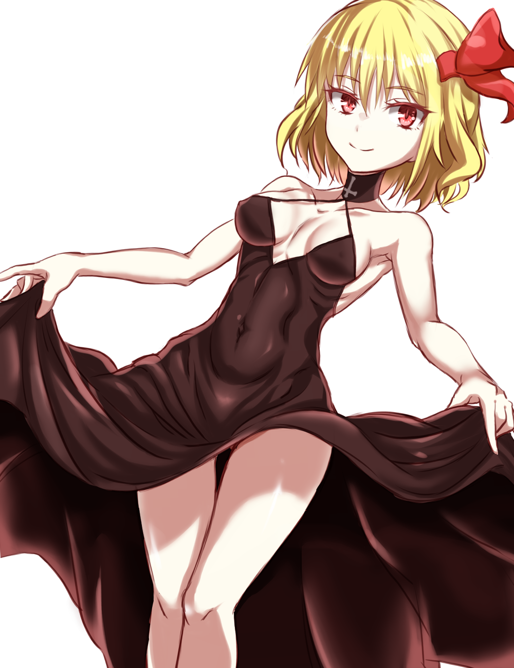 1girl, armpits, bare_arms, bare_shoulders, blonde_hair, breasts, choker, cleavage
