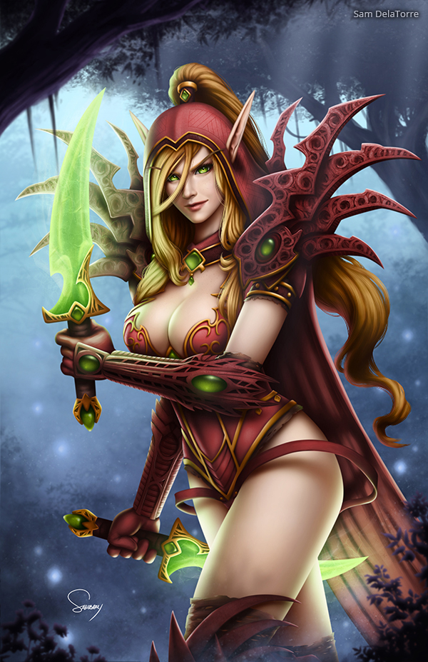 1girl, artist_name, blonde_hair, blood_elf, breasts, cape, cleavage, dual_wielding