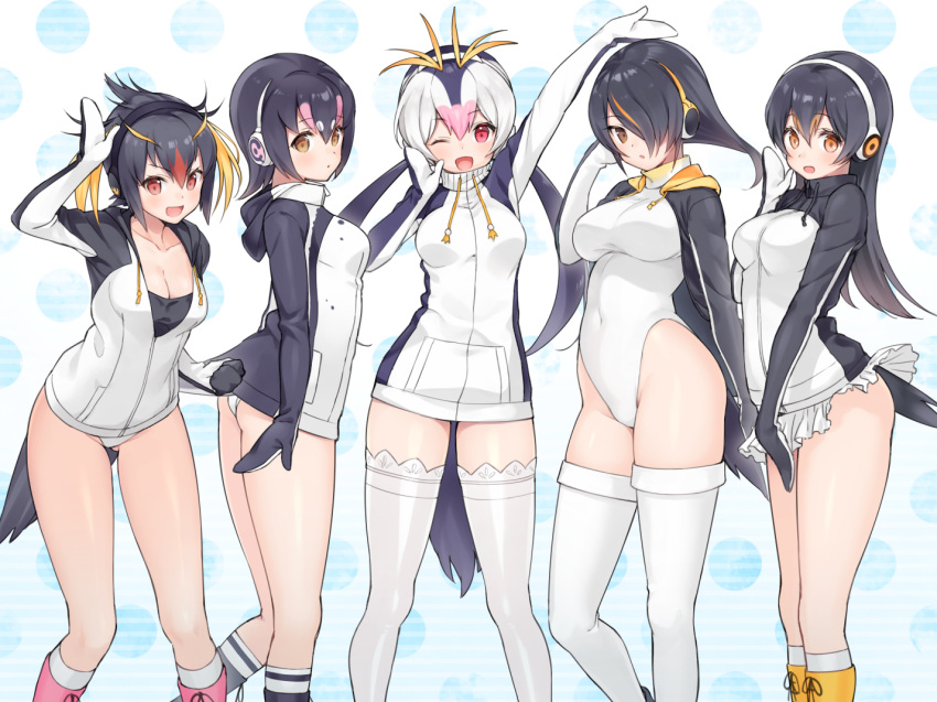 5girls, :d, ;d, black_hair, blonde_hair, blush, boots, breasts