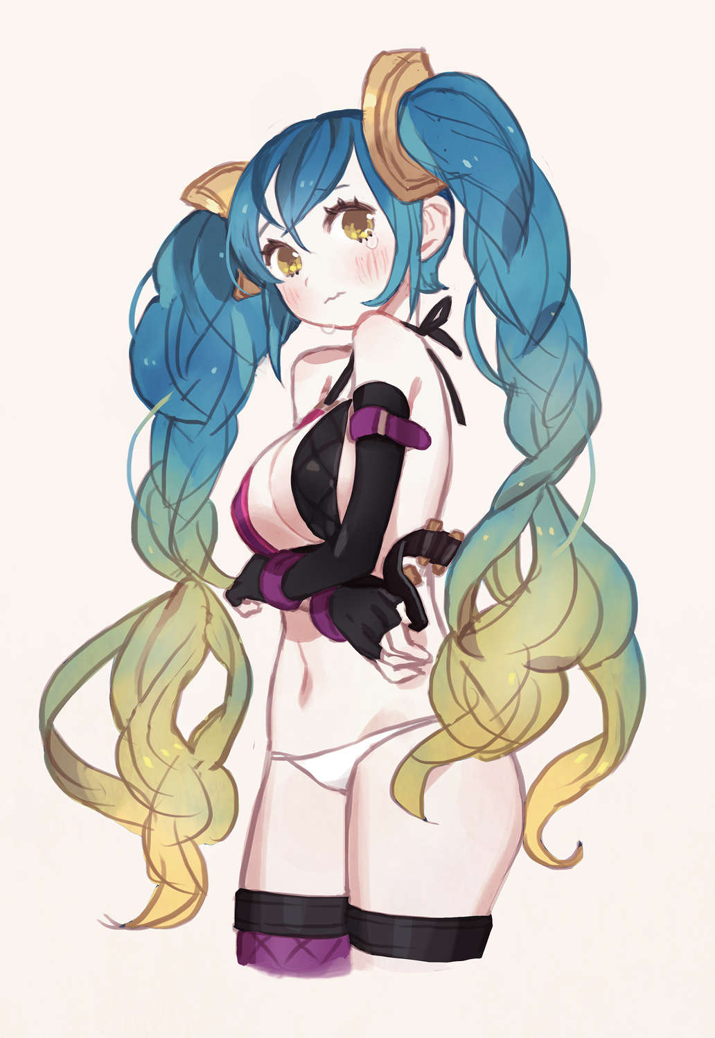 1girl, aqua_hair, bare_shoulders, blonde_hair, blue_hair, blush, braid, breast_hold