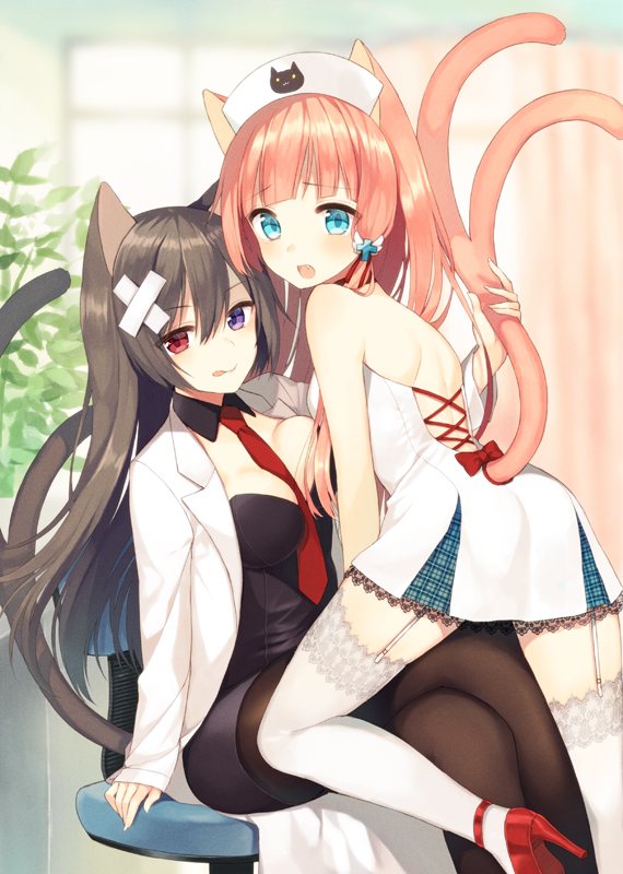 2girls, :q, animal_ears, black_legwear, blue_eyes, blush, breast_press, breasts