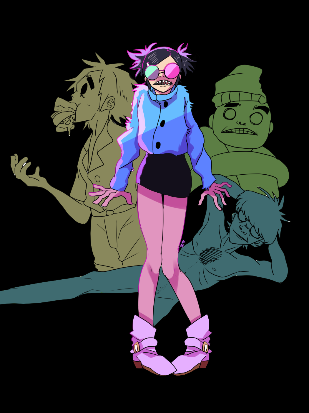 1girl, 3boys, arms_behind_head, artist_request, bangs, black_hair, black_skirt, boots