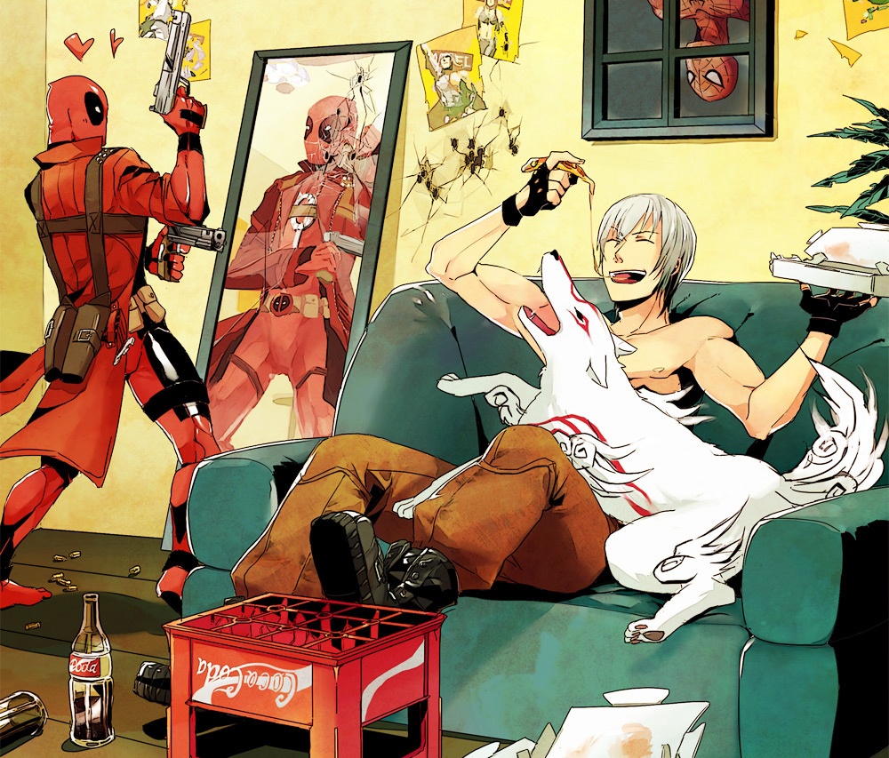 3boys, amaterasu, animal, beer_crate, boots, bottle, brand_name_imitation, bullet_hole, capcom, closed_eyes, coat, coca-cola, crate, crossover, dante_(devil_may_cry), deadpool, devil_may_cry, eating, ebony_&amp;_ivory, food, gun, handgun, heart, long_coat, male_focus, marvel, marvel_vs._capcom, marvel_vs._capcom_3, mirror, multiple_boys, ookami_(game), open_mouth, pizza, poster_(object), revision, ryuu_(street_fighter), sen_nai, shirtless, smile, spider-man, spider-man_(series), street_fighter, thor_(marvel), trench_coat, upside-down, weapon, white_hair, wolf, x-23, x-men