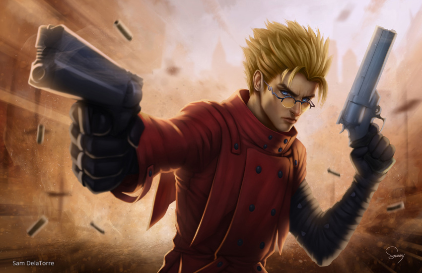 1boy, artist_name, asymmetrical_clothes, blonde_hair, blue_eyes, dual_wielding, glasses, gun