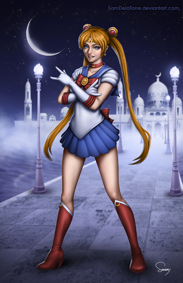 bishoujo_senshi_sailor_moon, blonde_hair, blue_eyes, blue_skirt, boots, castle, choker, crescent