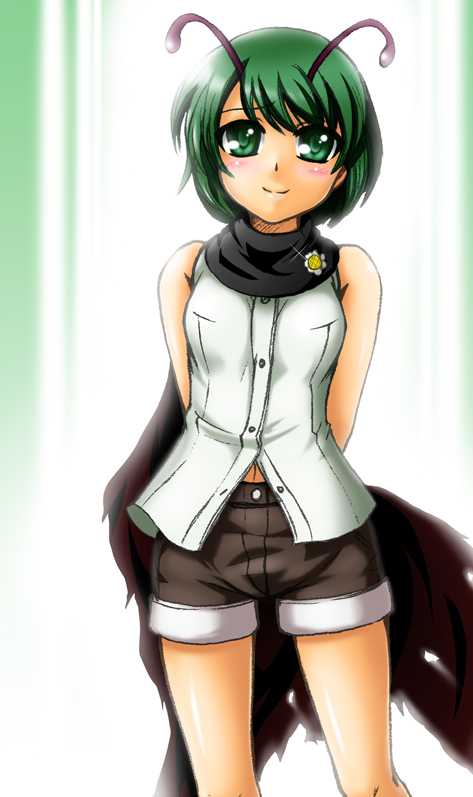 adapted_costume, antennae, arms_behind_back, black_scarf, black_shorts, blush, closed_mouth, cowboy_shot