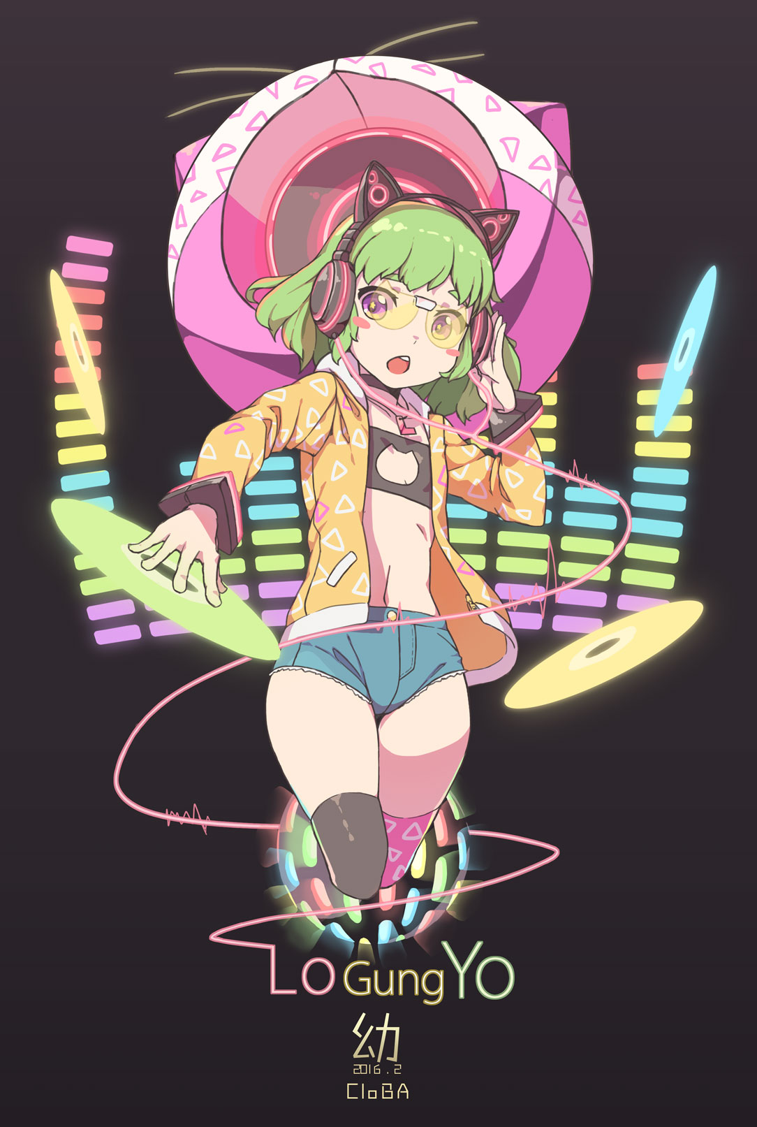 1girl, 2016, artist_name, cd, cloba_(daeniel811015), denim, denim_shorts, dj