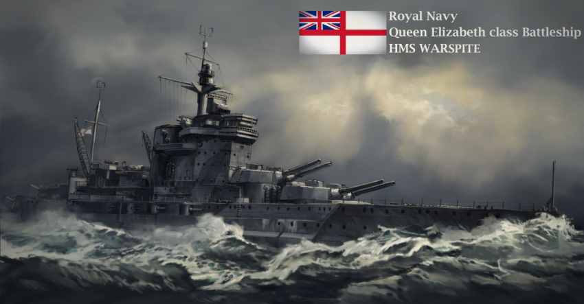 abe_yasushi_(umizoi_tibet), anchor, battleship, hms_warspite, military, military_vehicle, no_humans, ocean, royal_navy, ship, smokestack, turret, warship, watercraft, waves, white_ensign