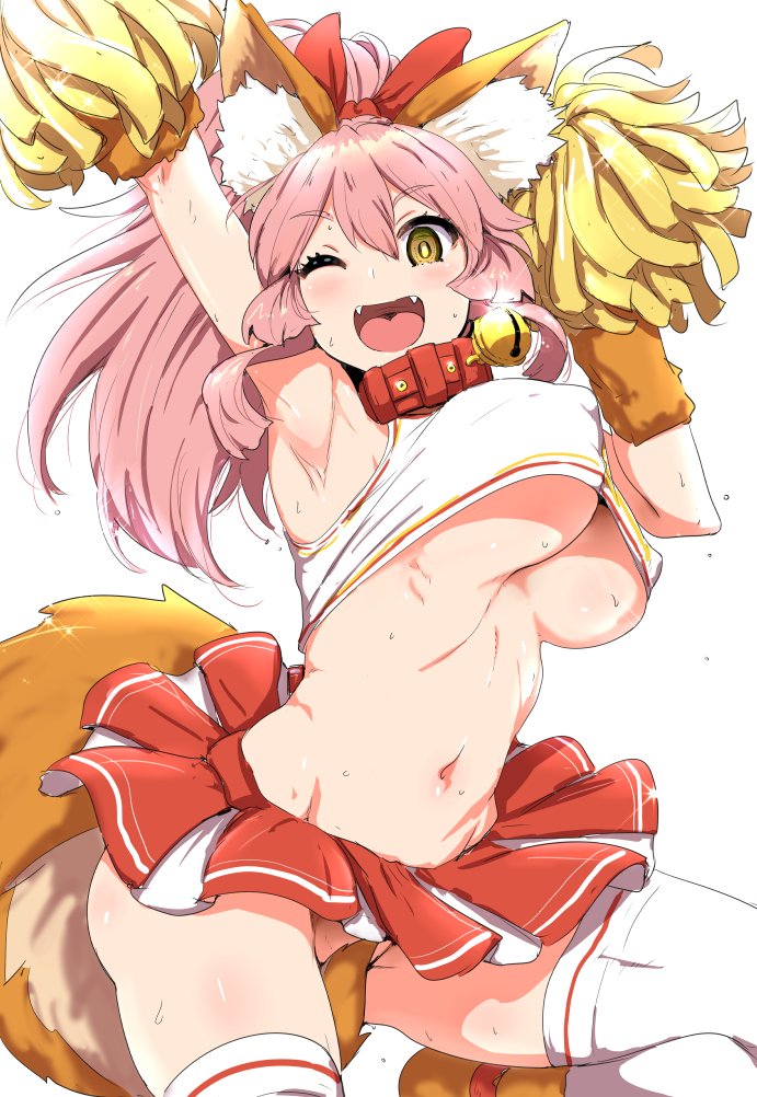 1girl, animal_ears, armpits, bell, bell_collar, bow, breasts, cheerleader