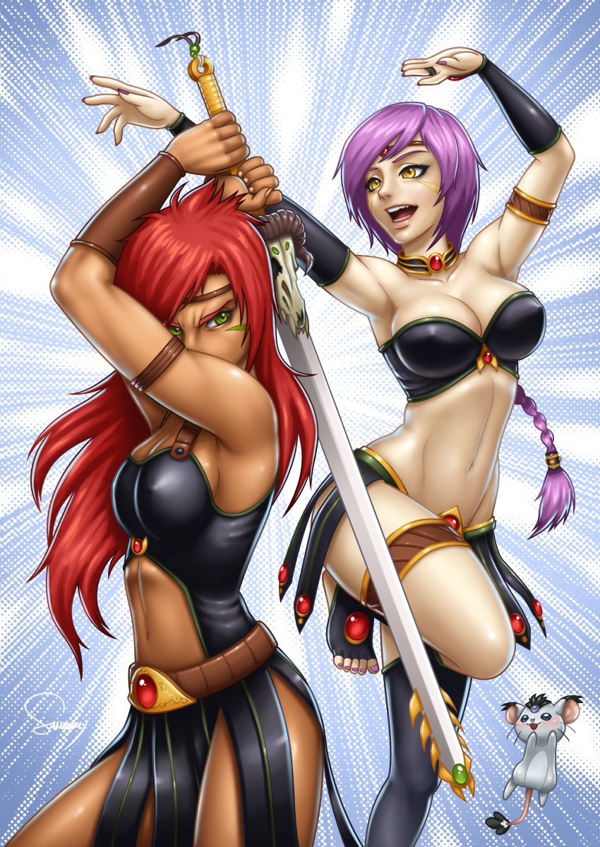 2girls, absurdres, armlet, black_skirt, breasts, cleavage, facial_mark, green_eyes
