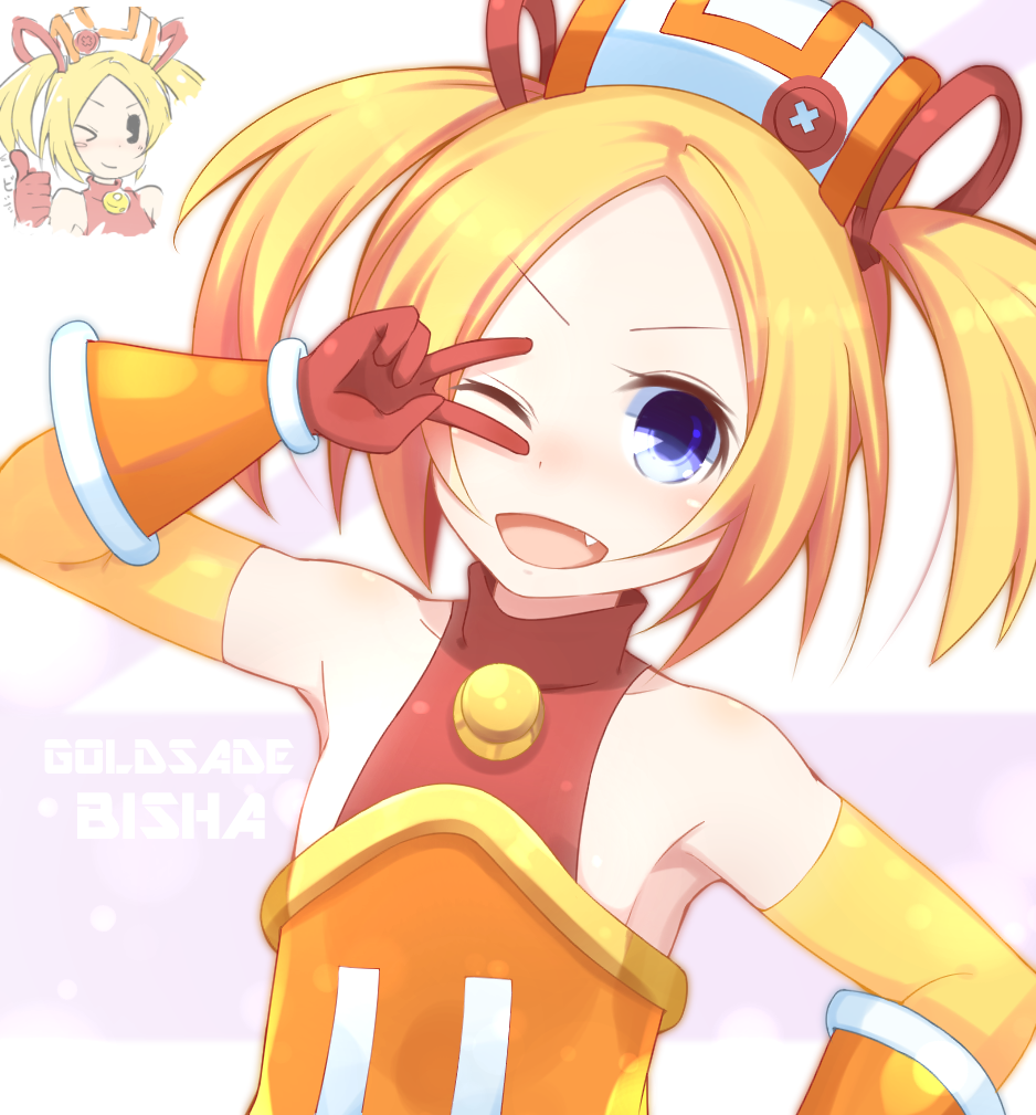 1girl, b-sha, blonde_hair, blue_eyes, choujigen_game_neptune, doria_(5073726), fang, gloves