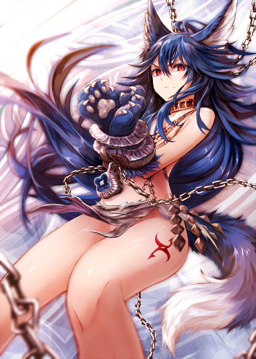 1girl, animal_ears, bare_legs, blue_hair, bound, breasts, chains, colored_eyelashes, convenient_censoring, fenrir_(shingeki_no_bahamut), granblue_fantasy, hair_between_eyes, highres, jewelry, long_hair, looking_at_viewer, medium_breasts, necklace, open_mouth, paws, red_eyes, shingeki_no_bahamut, spiky_hair, sukemyon, tail, thighs, wolf_ears, wolf_tail