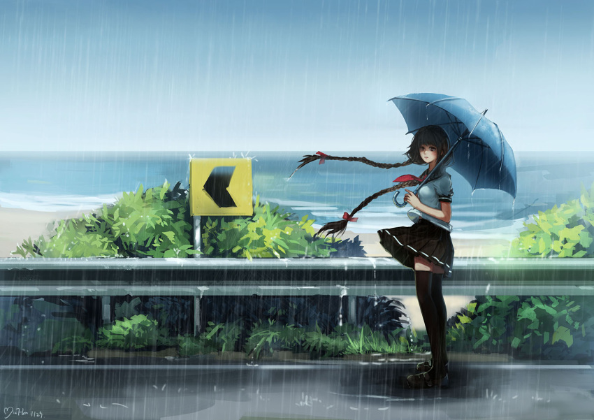 1girl, beach, bow, braid, brown_eyes, brown_hair, hair_bow, horizon