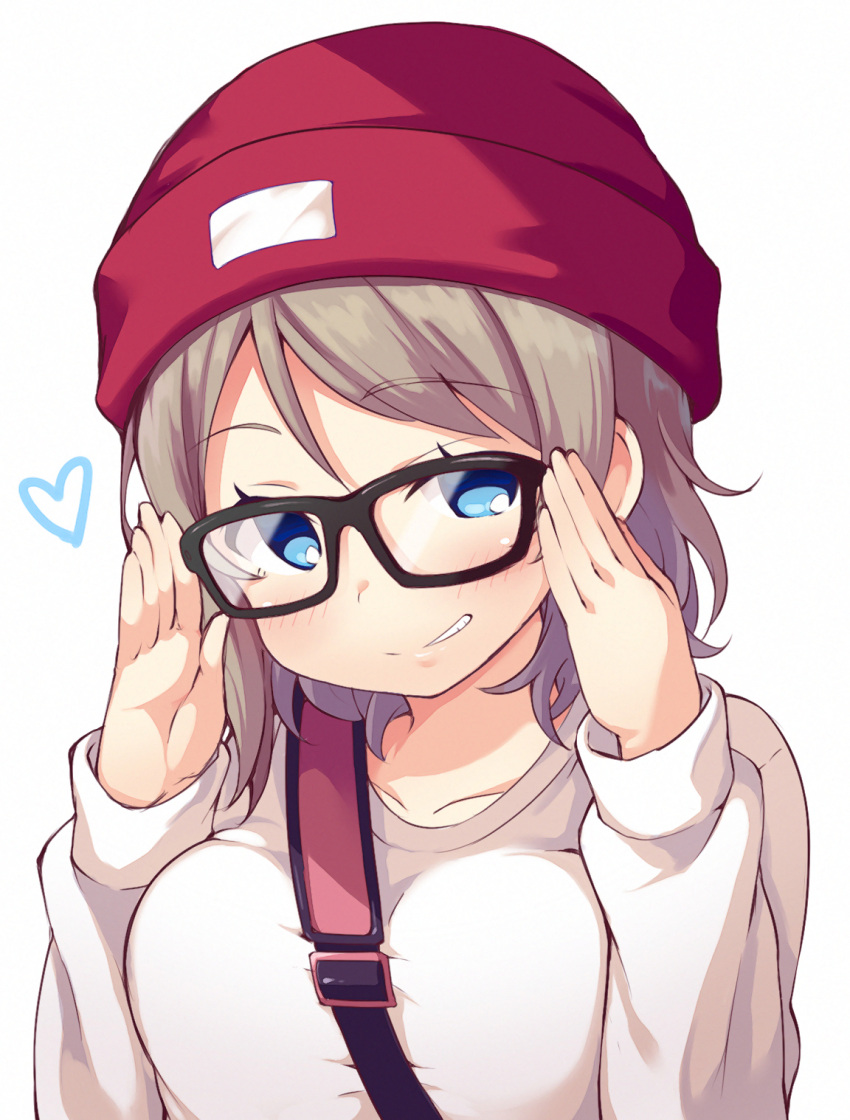 1girl, adjusting_glasses, bespectacled, between_breasts, blue_eyes, blush, breasts, brown_hair