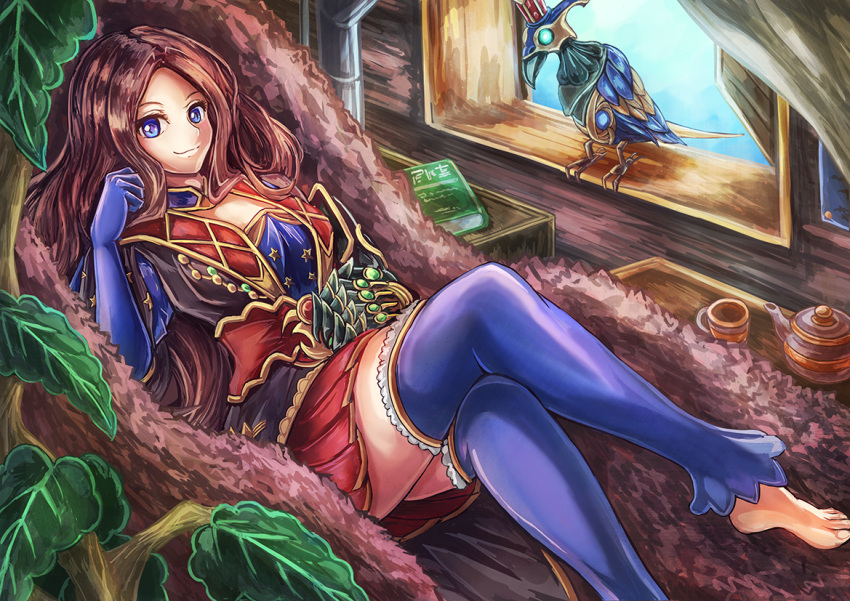 1girl, blue_eyes, blue_gloves, blue_legwear, book, breasts, brown_hair, closed_mouth, dashinoya, day, fate/grand_order, fate_(series), frilled_legwear, gloves, leaf, legs_crossed, leonardo_da_vinci_(fate/grand_order), long_hair, looking_at_viewer, lying, on_back, red_skirt, single_gauntlet, skirt, smile, solo, star, thigh-highs