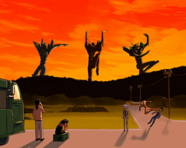 2boys, 3girls, aaku, ayanami_rei, dragon_ball, dragonball_z, epic, eva_00