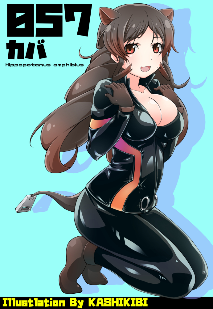 animal_ears, black_hair, breasts, cleavage, commentary_request, gloves, hippopotamus_(kemono_friends), hippopotamus_ears