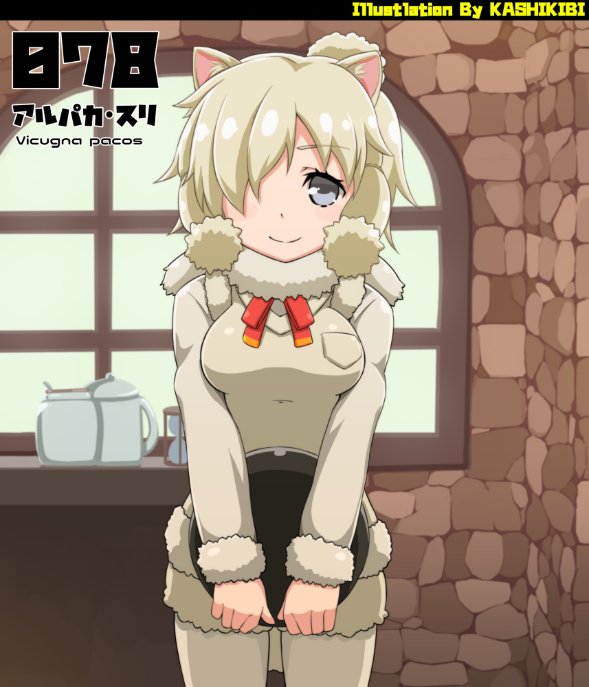 alpaca_ears, alpaca_suri, animal_ears, blonde_hair, blue_eyes, cafe, fur_collar, fur_trim