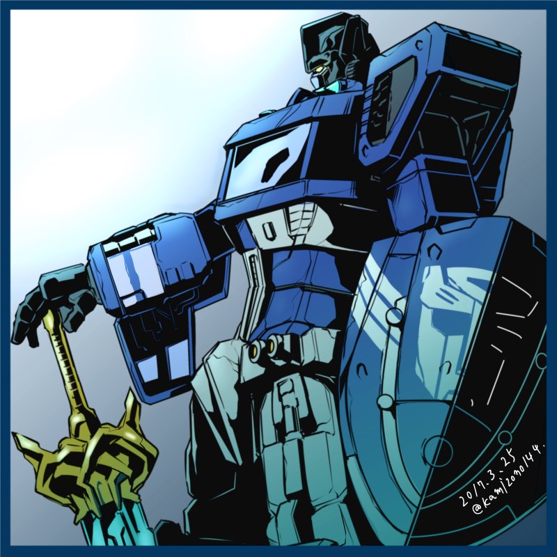 1boy, 2017, artist_name, autobot, blue_background, energy_sword, headgear, holding