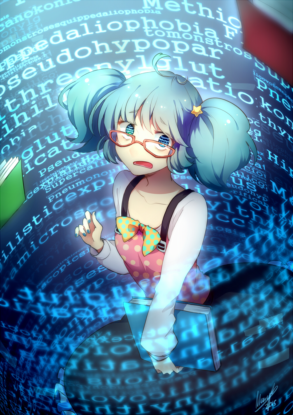 1girl, antenna_hair, aqua_hair, bags_under_eyes, bangs, black_skirt, blue_nails, book