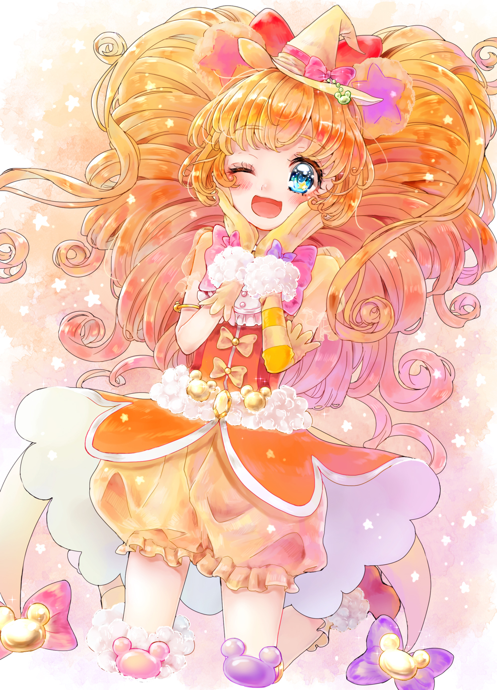 1girl, ;d, aki_(na_uup), animal_ears, bear_ears, bloomers, blue_eyes, bow