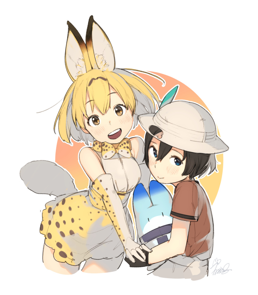 2girls, :>, :d, animal_ears, bare_shoulders, belt, black_gloves, black_hair