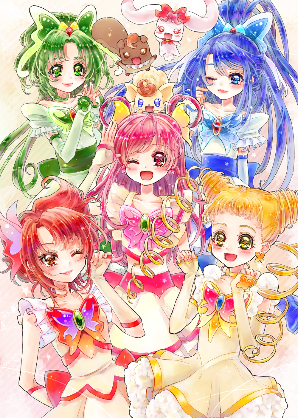 5girls, ;d, aki_(na_uup), akimoto_komachi, blonde_hair, blue_bow, blue_eyes, blue_hair, blush, bow, brooch, brown_eyes, butterfly_hair_ornament, closed_mouth, coco_(yes!_precure_5), creature, cure_aqua, cure_dream, cure_lemonade, cure_mint, cure_rouge, double_bun, dress, drill_hair, earrings, elbow_gloves, fingerless_gloves, frills, gloves, green_bow, green_eyes, green_hair, hair_bow, hair_ornament, hair_rings, hands_together, highres, jewelry, kasugano_urara_(yes!_precure_5), lips, long_hair, looking_at_viewer, milk_(yes!_precure_5), minazuki_karen, multiple_girls, natsuki_rin, nuts_(yes!_precure_5), one_eye_closed, open_mouth, pink_bow, pink_hair, ponytail, precure, red_eyes, redhead, short_hair, smile, squirrel, twin_drills, white_dress, white_gloves, yellow_bow, yellow_choker, yellow_eyes, yes!_precure_5, yumehara_nozomi