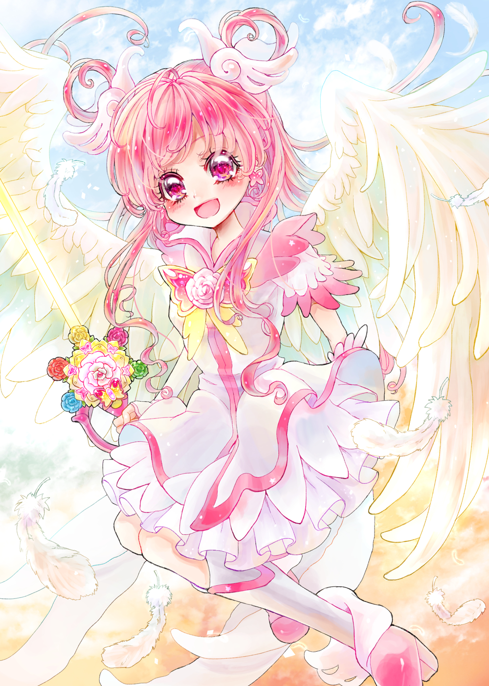 1girl, :d, aki_(na_uup), angel_wings, boots, brooch, cure_dream, cure_fleuret