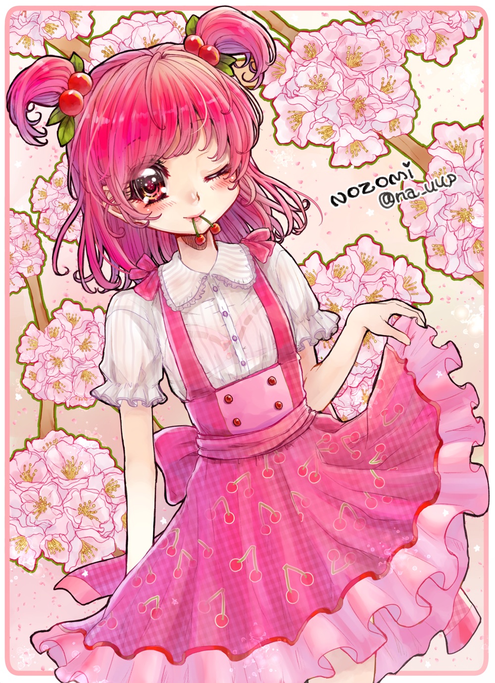 1girl, aki_(na_uup), blouse, character_name, cherry, cherry_print, floral_background, flower