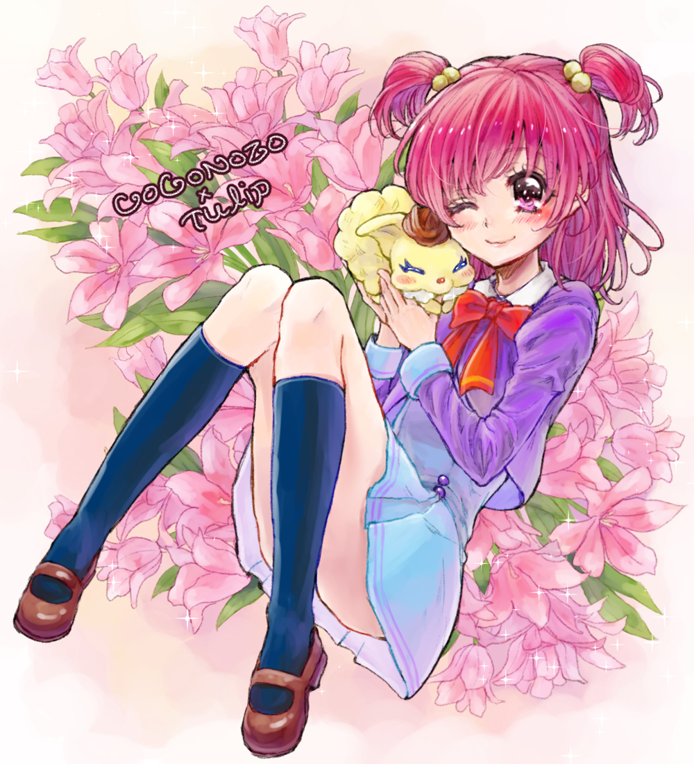 1girl, ;), aki_(na_uup), black_legwear, blue_dress, blush, bow, brown_shoes