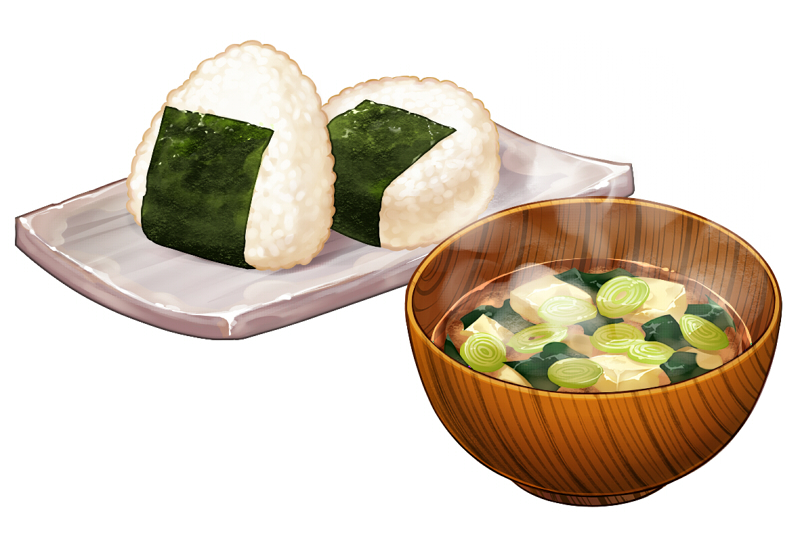 artist_request, bowl, commentary_request, food, miso_soup, no_humans, nori_(seaweed), onigiri